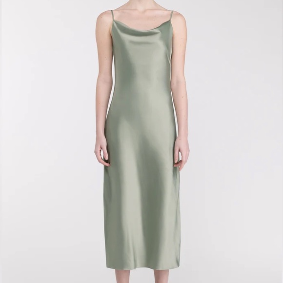 OAK + FORT Cowl Neck Satin Midi Dress in Olive Green - Picture 1 of 12